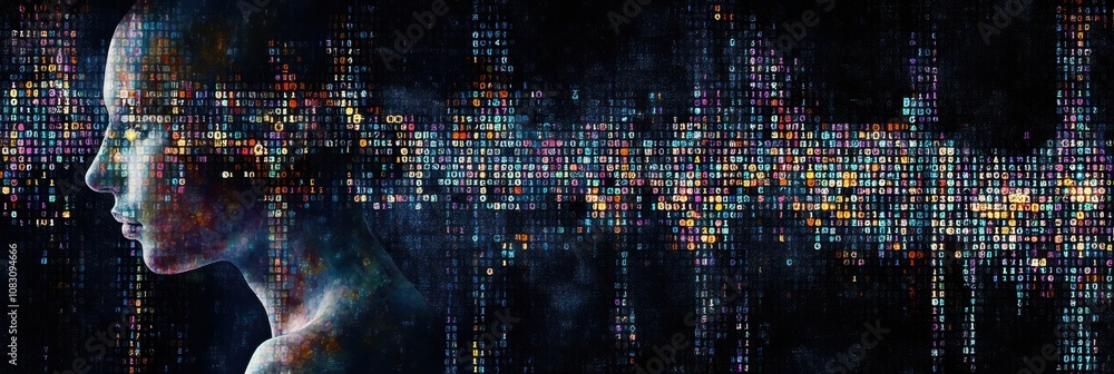 Poster A human silhouette merges with digital DNA sequences, representing the connection between genetics and personal identity in contemporary research. Generative AI
