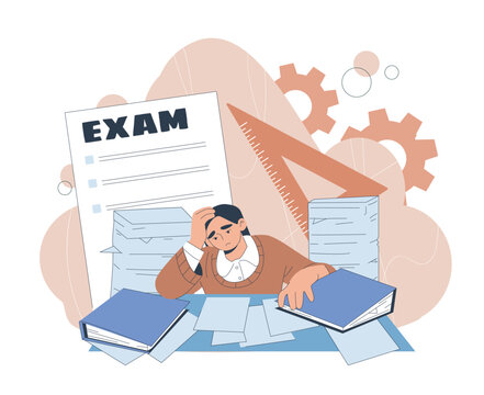 Girl preparing for exams. Teen sitting at table with books and notebooks. Emotional burnout, frustration and depression. Student doing homework. Flat vector illustration isolated on white background