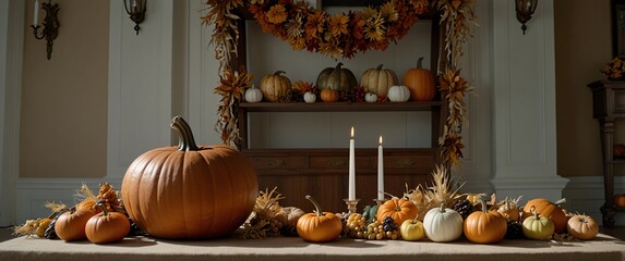 Obraz premium Rustic Autumn Harvest: A rustic wooden table is adorned with pumpkins, gourds, and candles, creating a warm and inviting atmosphere.