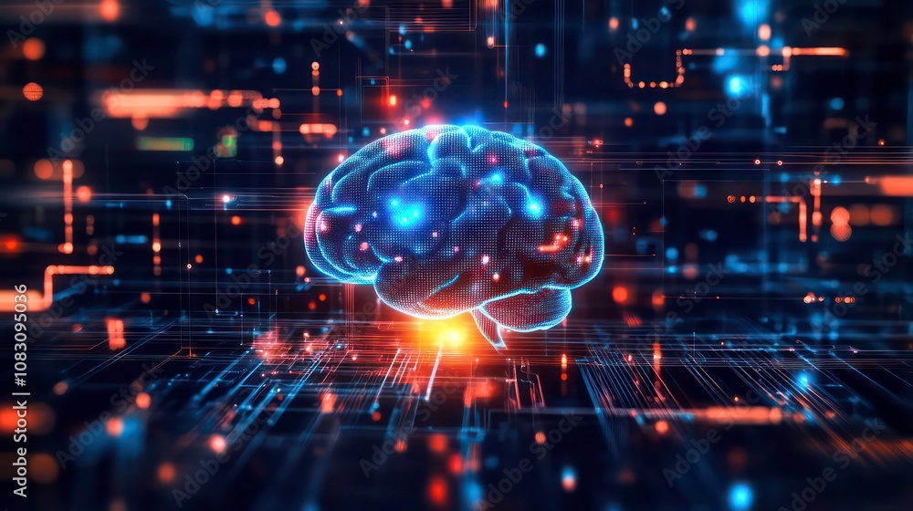 Poster a sleek ai brain icon glowing in the center with data streams radiating out.