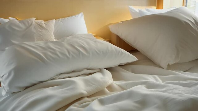 ets pillows scattered about filmed 4K depict aftermath waking crumpled pillow sheet blanket white used sleep after apartment bedding bedchamber comfortable home hotel house interior linen rest