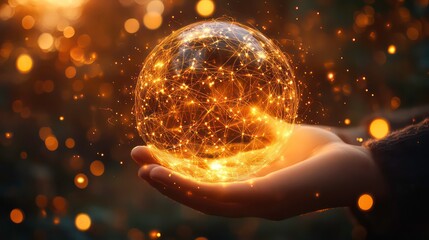 A glowing orb of interconnected lines representing global communication and technology, held in hands against a bokeh background.