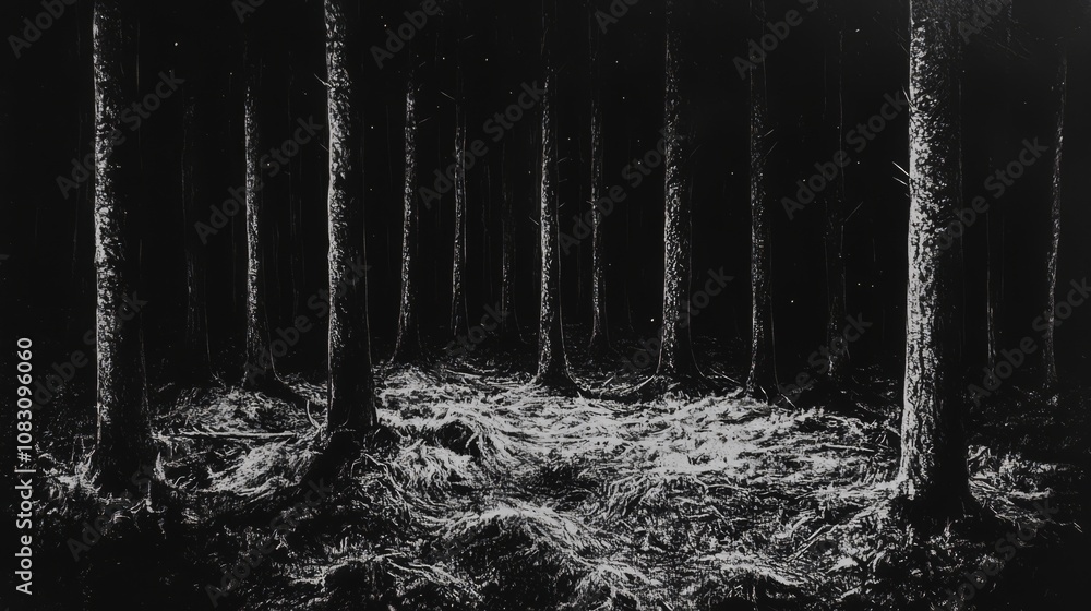 Poster a black and white image of a dense forest with tall trees and a layer of undergrowth on the ground.