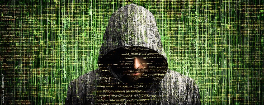 Poster a hooded figure shrouded in digital code, symbolizing cybersecurity and hacking themes.