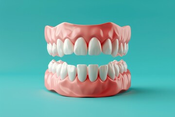 Obraz premium A lifelike 3D model of white teeth is prominently displayed on a turquoise background, emphasizing dental care and hygiene in natural light