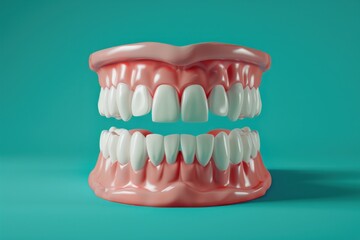 Obraz premium A realistic representation of a white teeth model positioned on a bright turquoise backdrop, ideal for a dental advertising concept