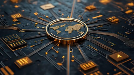 A central hub with arrows extending to different parts of the world, each arrow representing a different language script, while icons for documents, videos. 3D illustration.