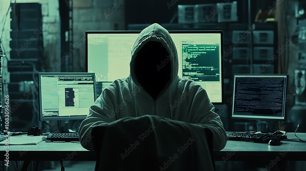 Poster a shadowy figure in a hoodie sits before multiple computer screens displaying code.