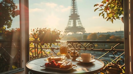 A cozy breakfast scene with pastries and drinks, overlooking the Eiffel Tower at sunrise.