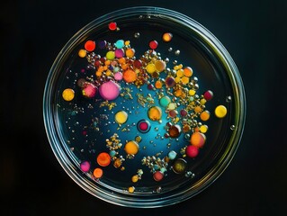 Professional close-up photo of an isolated Petri dish with a colorful bacterial culture growing