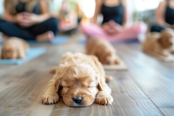 A group of women practice self-Tibetan meditation poses while adorable puppies relax on the floor in a serene yoga studio