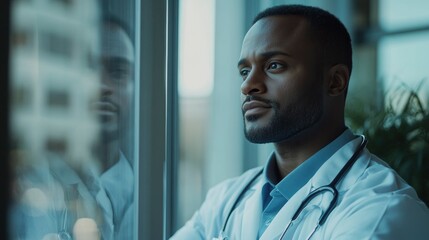 Fototapeta premium Professional photo of a doctor holding a stethoscope and looking out of a hospital window