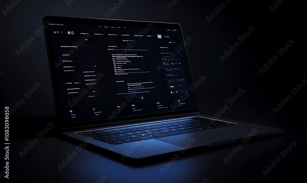 Poster a dark-themed laptop displaying code and software interface on a dim background.