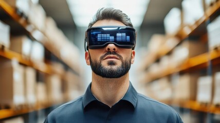 Digital Transformation Supply Chain, A logistics manager using augmented reality AR glasses to view inventory levels and product locations in a digitally transformed warehouse