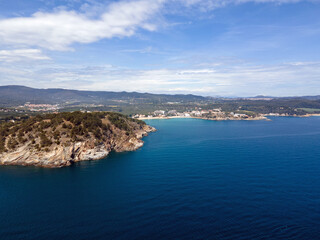 Aerial cityscape view of beach and Mediterranean Sea along Costa Brava in Palamos Catalonia