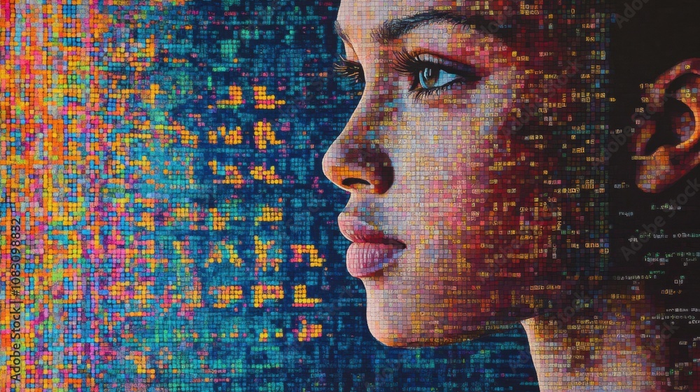 Aufkleber A human silhouette overlays colorful genetic code patterns, symbolizing the connection between biology and identity. Generative AI