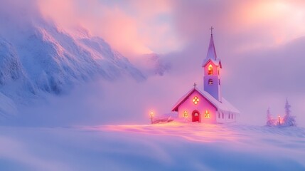 Fototapeta premium Illuminated Church Nestled in a Snowy Mountain Valley at Dawn