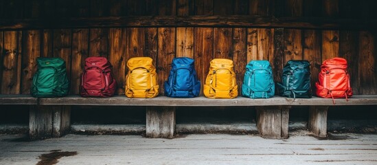 Fototapeta premium Backpacks in different colors lined up against a wooden bench,