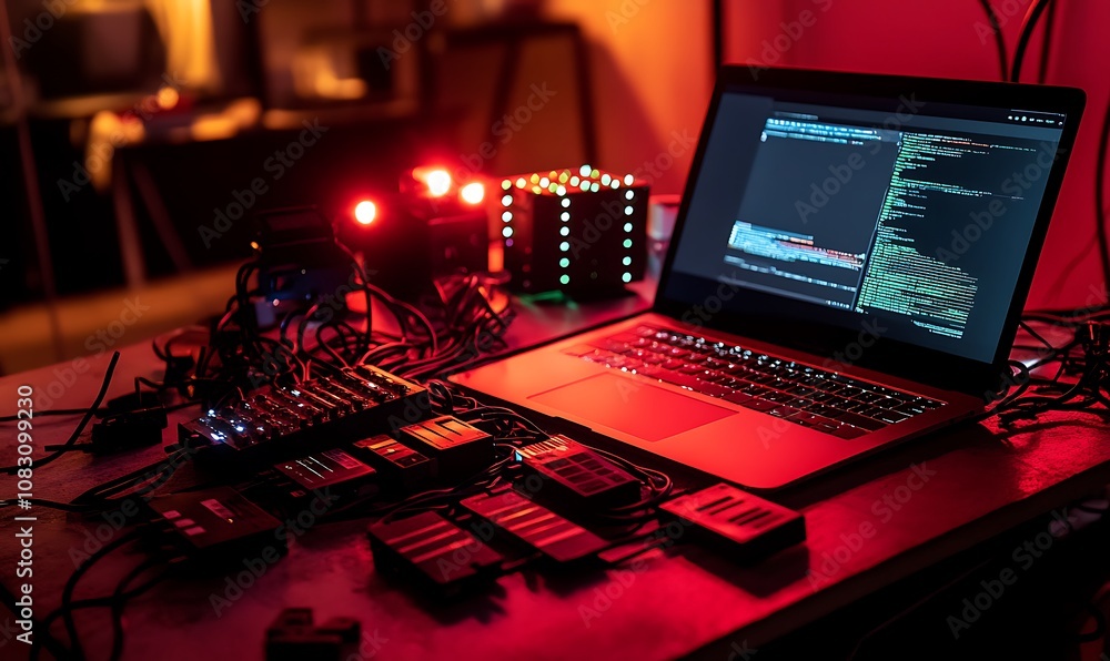 Poster a laptop surrounded by electronic devices and wires, showcasing a coding environment.