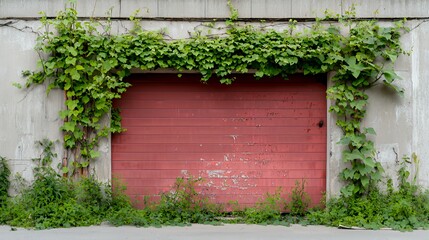 A red garage door framed by lush green vines against a concrete wall.