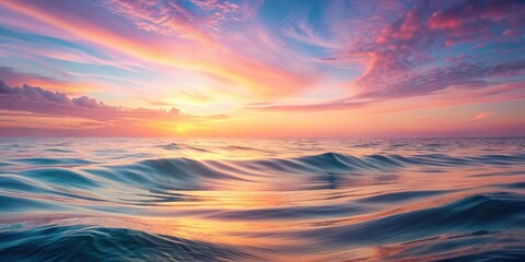 Obraz premium The sun dips below the horizon, painting the sky with vibrant hues of pink and orange, casting a golden glow on the gentle waves that lap at the shore.