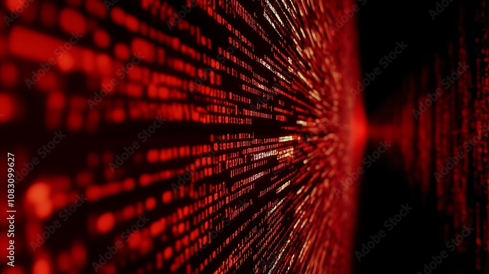 Poster abstract representation of data streams in red tones, suggesting technology and digital themes.