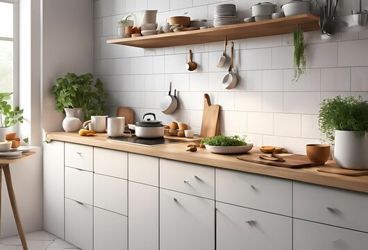 Modern mid century kichen room interior concept design,cozy home ,3drender