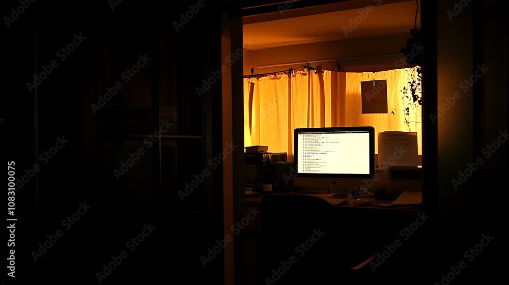 Poster a dimly lit workspace featuring a computer and curtains, creating a warm ambiance.