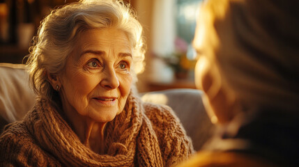 In a cozy room with warm lighting, a senior woman and her caregiver engage in a meaningful conversation, sharing smiles and reflections