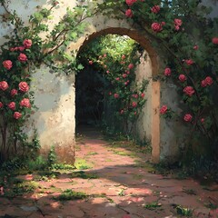 Stone Archway Covered in Rose Vines Leading to a Garden Path