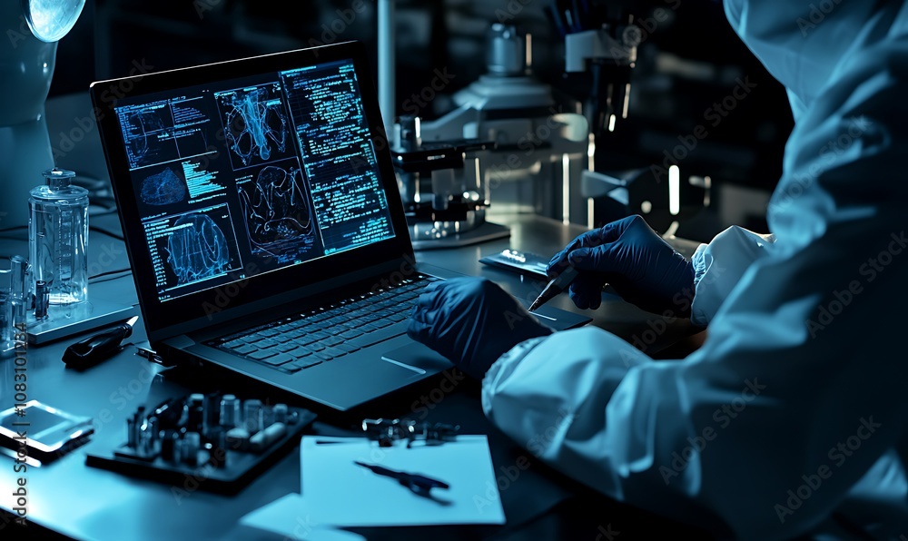 Poster a scientist analyzes data on a laptop in a laboratory setting.