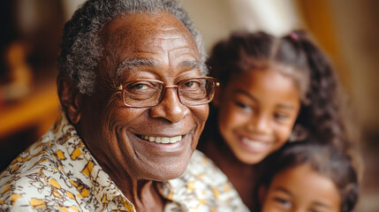 Fototapeta premium An elderly man shares a hearty laugh with his grandchildren as sunlight fills the cozy family room
