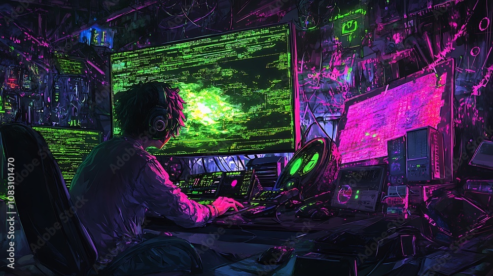 Poster a digital artist immersed in coding, surrounded by neon screens and tech elements.