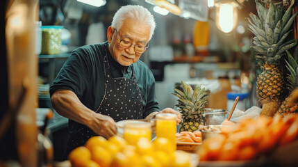 An elderly man prepares a healthy smoothie alongside a caregiver in a colorful, inviting kitchen filled with fresh fruits