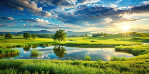 Naklejka premium Tranquil Meadow with a Serene Pond Reflecting the Sun's Golden Rays and Lush Greenery under a Sky Adorned with Fluffy Clouds
