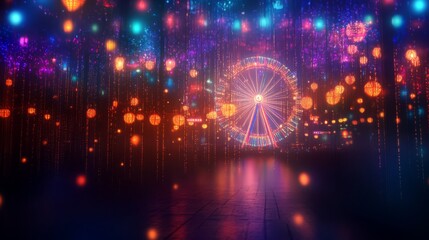 Fototapeta premium A Ferris wheel stands illuminated in a vibrant neon cityscape with glowing orbs and a dark, reflective surface.