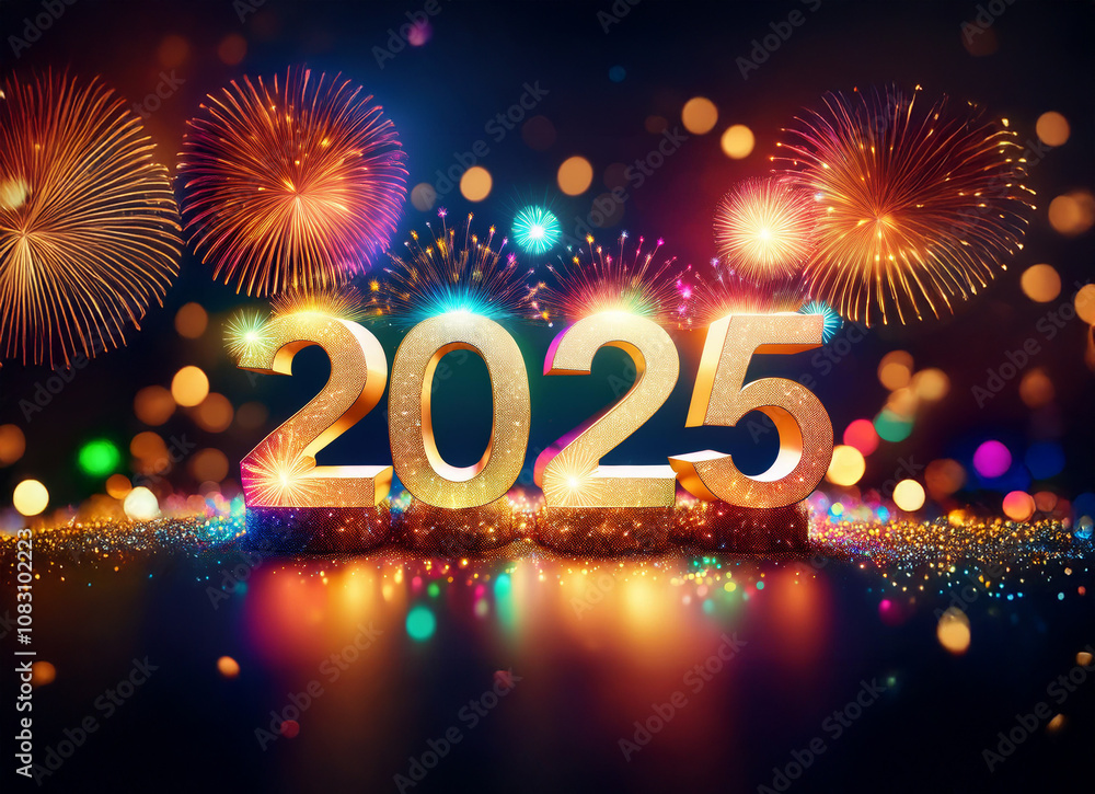 Poster golden 2025 numbers stand against a dark background with fireworks and bokeh.