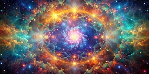 Obraz premium A swirling cosmic nebula with glowing stars and ethereal gas clouds, a vibrant symphony of color and light in the vast expanse of space