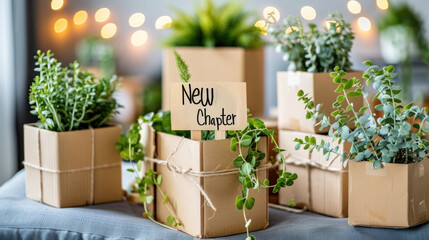 A small note reading New Chapter alongside moving boxes and greenery evokes the essence of new beginnings and fresh starts