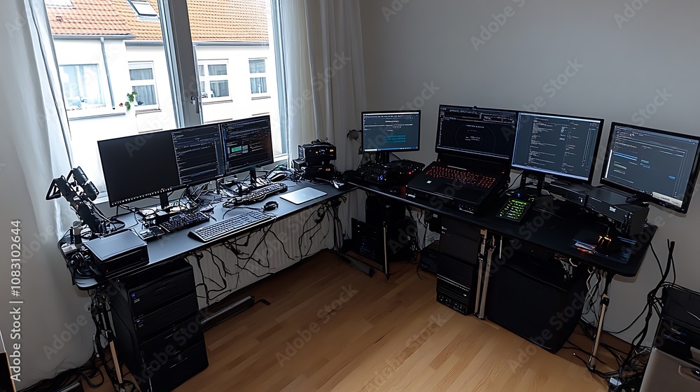 Poster a multi-monitor workstation setup with computers, peripherals, and cables for productivity.