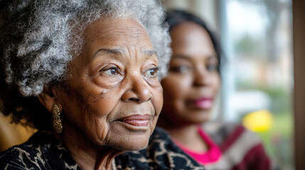 An elderly woman shares a poignant memory with her caregiver, captured in gentle, warm lighting that emphasizes their connection