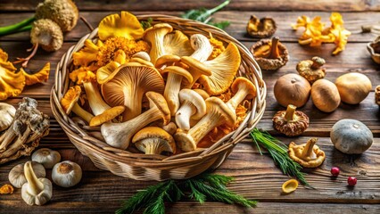 Fototapeta premium A Basket of Fresh Chanterelle Mushrooms with Other Wild Mushrooms on a Rustic Wooden Table