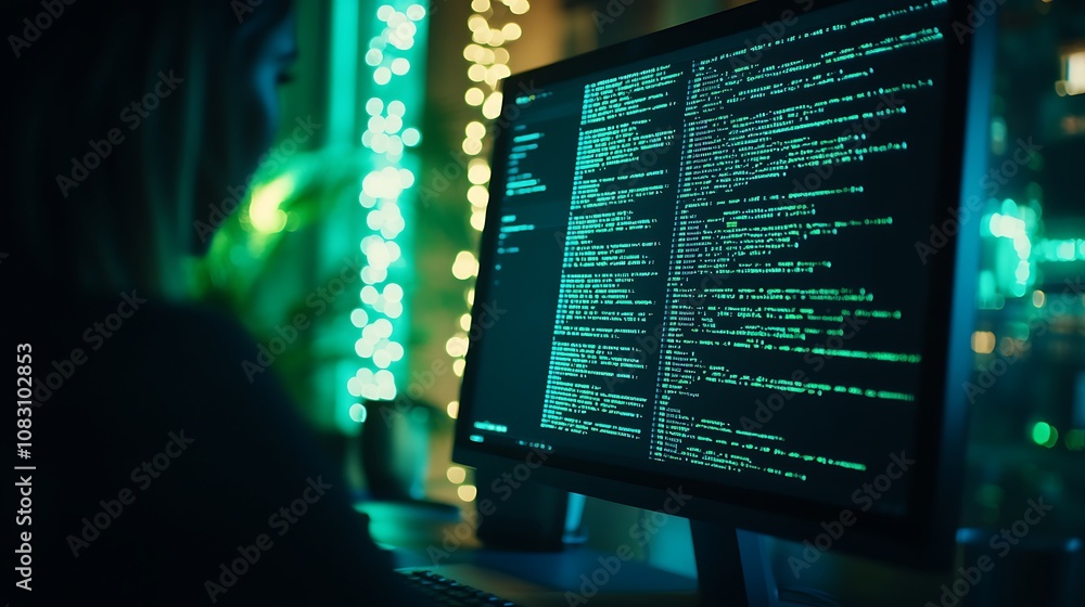  a person coding on a computer with green text in a dimly lit environment.