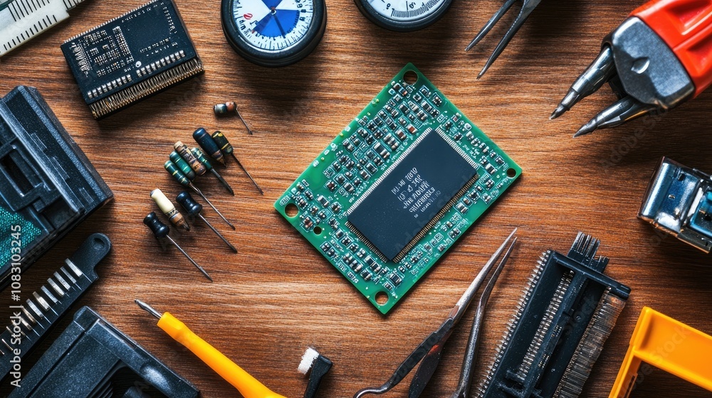 Poster essential electronic tools and circuit board components spread across a wooden surface for diy proje