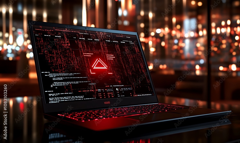 Poster a laptop displaying a red-themed code interface in a dimly lit environment.