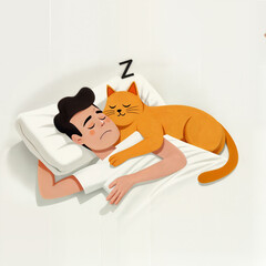 a man and an orange cat sleeping together on a bed, with the cat snuggled against the man's chest.