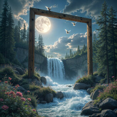 a picturesque scene of a moonlit waterfall with a wooden frame, surrounded by lush trees under a cloudy sky.