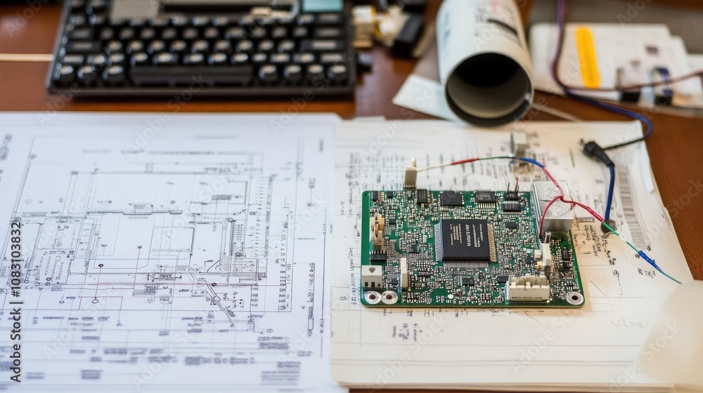 Poster detailed view of an electronics prototype with circuit board, technical drawings, and tools on a wor