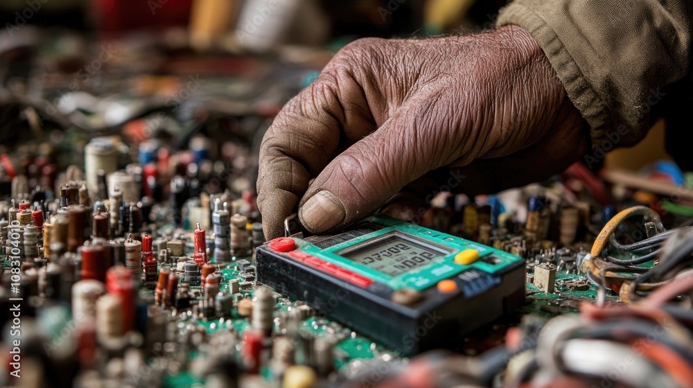 Aufkleber close-up of a hand holding a multimeter, testing electrical components on a circuit board with resis