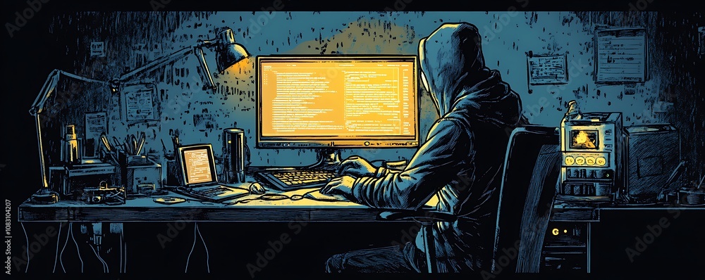 Poster a hooded figure works on a computer in a dimly lit room filled with technology.